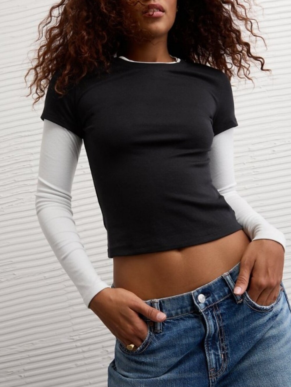 American Eagle Y2K Black & White Double Layered Long Sleeve T-Shirt